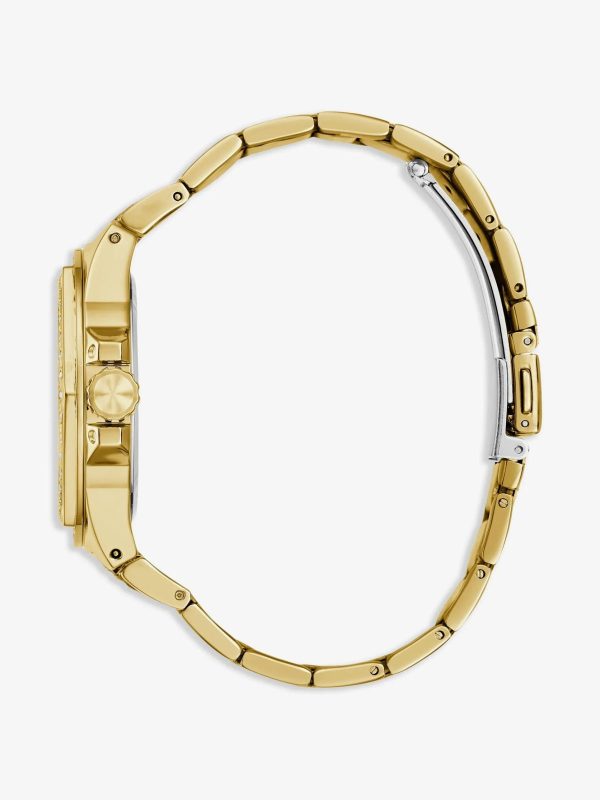 Montre femme Guess Envy 38 mm réf. GW0878L2, cadran doré, bracelet acier, mouvement quartz chronographe – vue rapprochée