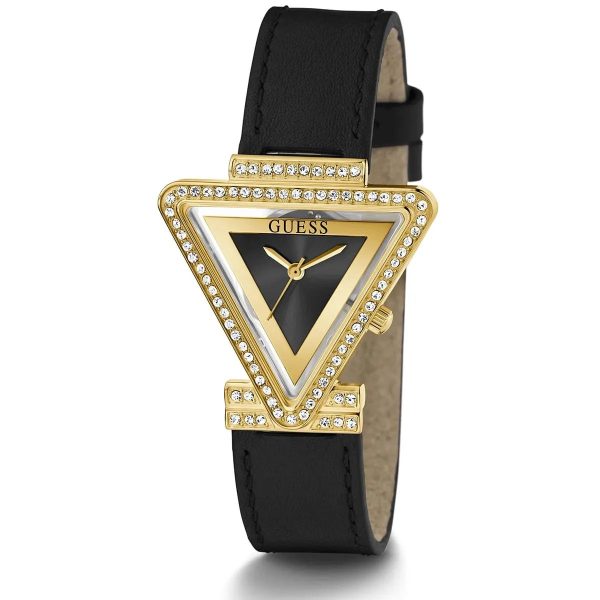 Montre femme Guess Fame 34 mm réf. GW0504L5, cadran noir, bracelet cuir, mouvement quartz – vue rapprochée