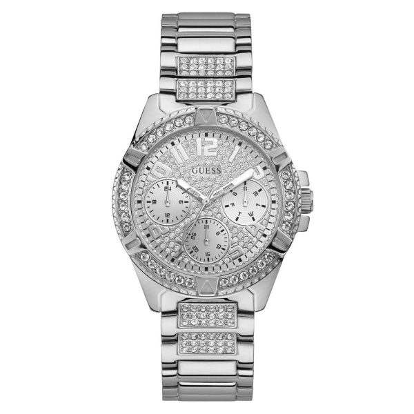 Montre femme Guess Frontier 40 mm réf. W1156L1, cadran argenté, bracelet acier, mouvement quartz – vue de face | Horlova Maroc