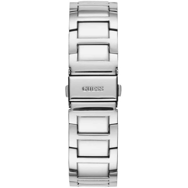 Montre femme Guess Frontier 40 mm réf. W1156L1, cadran argenté, bracelet acier – vue de trois-quarts