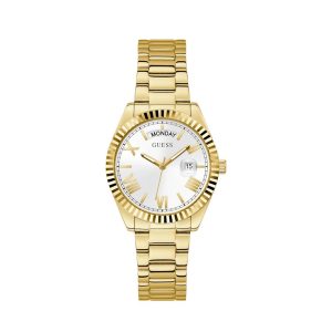 Montre femme Guess Glamour Chic 36 mm réf. GW0308L2, cadran blanc, bracelet acier, mouvement quartz – vue de face | Horlova Maroc