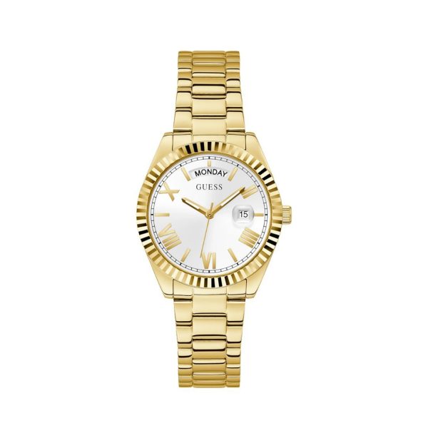 Montre femme Guess Glamour Chic 36 mm réf. GW0308L2, cadran blanc, bracelet acier, mouvement quartz – vue de face | Horlova Maroc