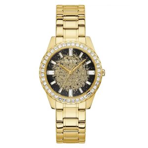 Montre femme Guess Glitter 38 mm réf. GW0405L2, cadran noir, bracelet acier, mouvement quartz – vue de face | Horlova Maroc