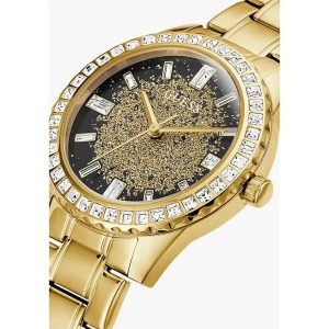 Montre femme Guess Glitter 38 mm réf. GW0405L2, cadran noir, bracelet acier – vue de trois-quarts