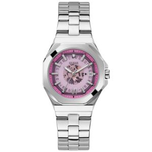 Montre femme Guess réf. GW0551L1, cadran rose, mouvement quartz – vue de face | Horlova Maroc