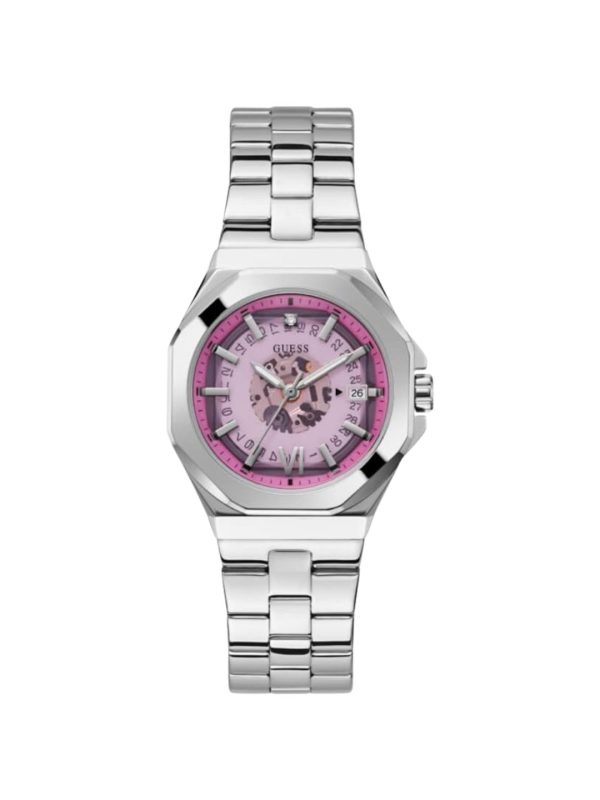 Montre femme Guess réf. GW0551L1, cadran rose, mouvement quartz – vue de face | Horlova Maroc