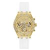 Montre femme Guess Heiress 38 mm réf. GW0407L2, cadran doré, bracelet silicone, mouvement quartz – vue de face | Horlova Maroc