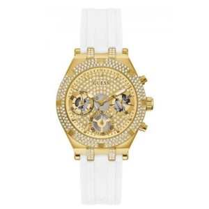 Montre femme Guess Heiress 38 mm réf. GW0407L2, cadran doré, bracelet silicone, mouvement quartz – vue de face | Horlova Maroc
