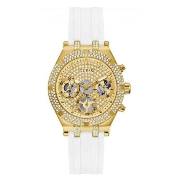 Montre femme Guess Heiress 38 mm réf. GW0407L2, cadran doré, bracelet silicone, mouvement quartz – vue de face | Horlova Maroc