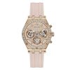 Montre femme Guess Heiress 38 mm réf. GW0407L3, cadran rose, bracelet silicone, mouvement quartz – vue de face | Horlova Maroc