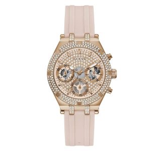 Montre femme Guess Heiress 38 mm réf. GW0407L3, cadran rose, bracelet silicone, mouvement quartz – vue de face | Horlova Maroc