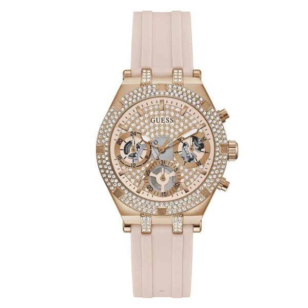 Montre femme Guess Heiress 38 mm réf. GW0407L3, cadran rose, bracelet silicone, mouvement quartz – vue de face | Horlova Maroc