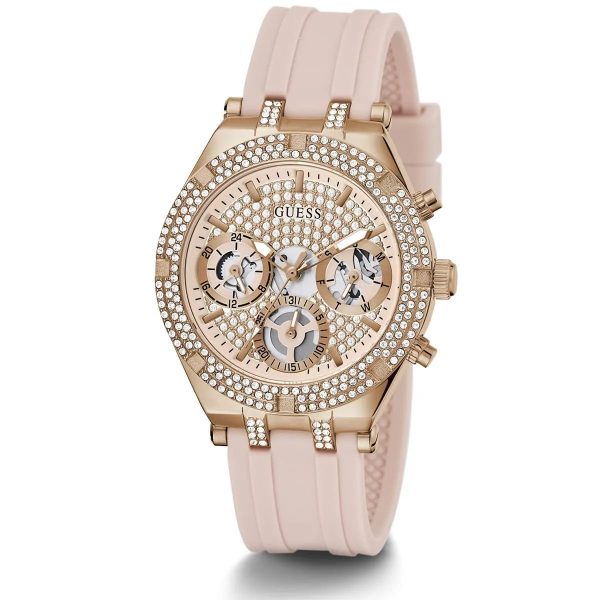 Montre femme Guess Heiress 38 mm réf. GW0407L3, cadran rose, bracelet silicone – vue rapprochée