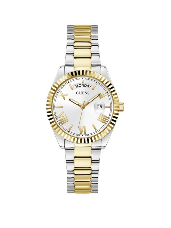 Montre femme Guess Luna 36 mm réf. GW0308L6, cadran blanc, bracelet acier, mouvement quartz – vue de face | Horlova Maroc