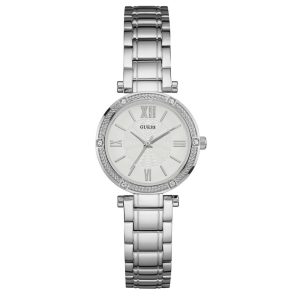 Montre femme Guess Park Ave South 30 mm réf. W0767L1, cadran blanc, bracelet acier, mouvement quartz – vue de face | Horlova Maroc
