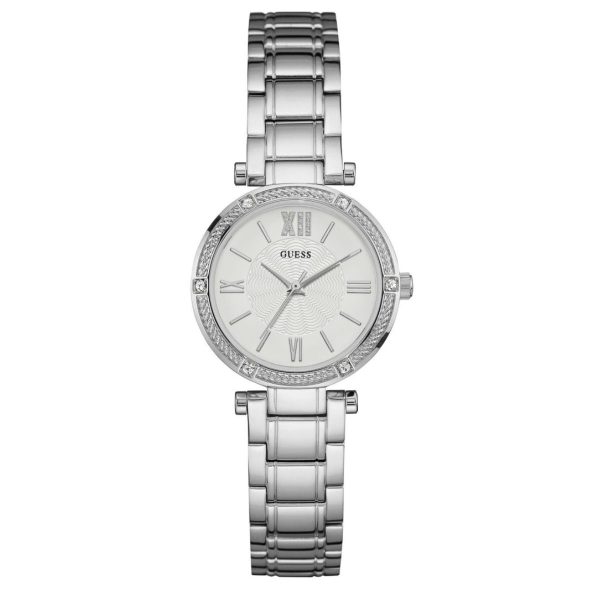 Montre femme Guess Park Ave South 30 mm réf. W0767L1, cadran blanc, bracelet acier, mouvement quartz – vue de face | Horlova Maroc