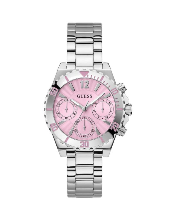 Montre femme Guess Phoebe 38 mm réf. GW0696L1, cadran rose, mouvement quartz – vue de face | Horlova Maroc