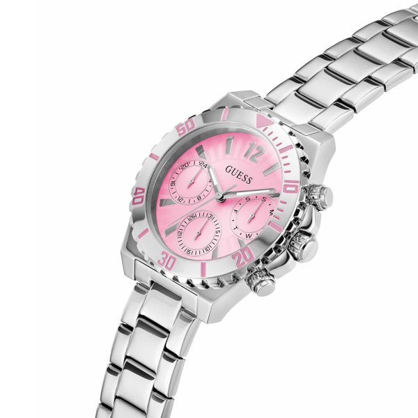Montre femme Guess Phoebe 38 mm réf. GW0696L1, cadran rose, mouvement quartz – vue de trois-quarts
