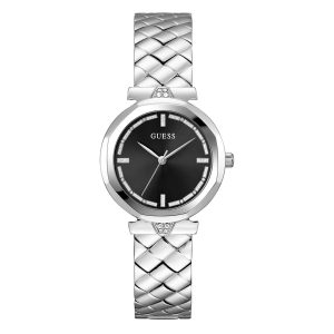 Montre femme Guess Rumour 34 mm réf. GW0613L1, cadran noir, bracelet acier, mouvement quartz – vue de face | Horlova Maroc