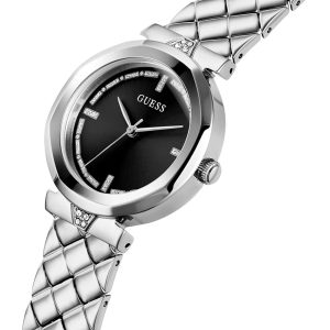 Montre femme Guess Rumour 34 mm réf. GW0613L1, cadran noir, bracelet acier – vue de trois-quarts