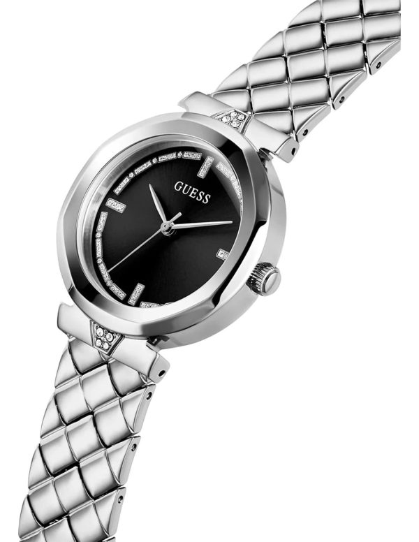 Montre femme Guess Rumour 34 mm réf. GW0613L1, cadran noir, bracelet acier – vue de trois-quarts