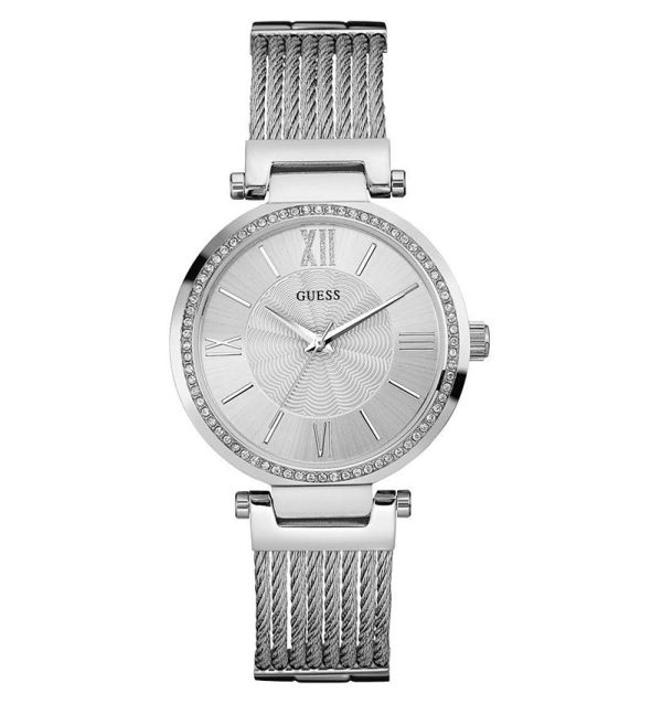 Montre femme Guess Soho réf. W0638L1, bracelet acier, mouvement quartz – vue de face | Horlova Maroc