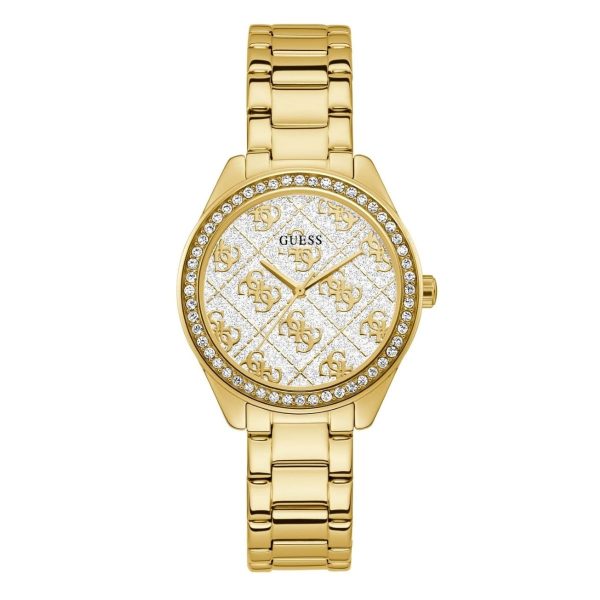 Montre femme Guess Sugar 37 mm réf. GW0001L2, cadran blanc, bracelet acier, mouvement quartz – vue de face | Horlova Maroc
