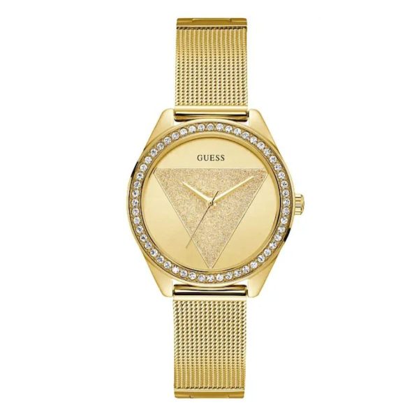 Montre femme Guess Tri Glitz 36 mm réf. GW1142L2, cadran doré, bracelet maille milanaise, mouvement quartz – vue de face | Horlova Maroc