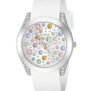 Montre femme Guess Wanderlust 39 mm réf. W1059L1, bracelet silicone, mouvement quartz – vue de face | Horlova Maroc