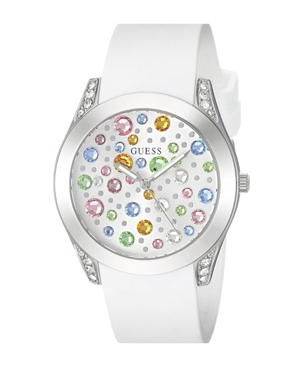 Montre femme Guess Wanderlust 39 mm réf. W1059L1, bracelet silicone, mouvement quartz – vue de face | Horlova Maroc