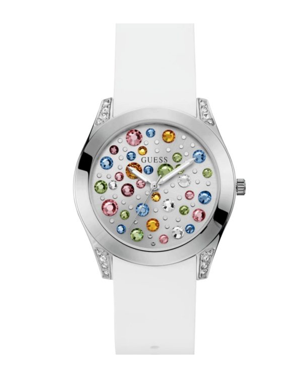 Montre femme Guess Wanderlust 39 mm réf. W1059L1, bracelet silicone, mouvement quartz – vue de trois-quarts