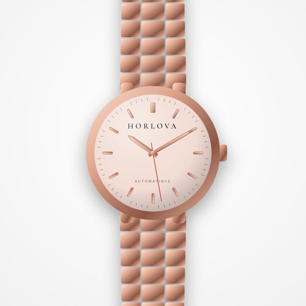 Montre femme Ifrane Rose Horlova – vue de face, cadran rose poudré, bracelet maille ton or rose