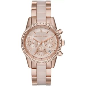 Montre femme Michael Kors 37 mm réf. MK6307, cadran rose, bracelet acier, mouvement quartz – vue de face | Horlova Maroc