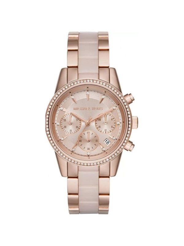 Montre femme Michael Kors 37 mm réf. MK6307, cadran rose, bracelet acier, mouvement quartz – vue de face | Horlova Maroc