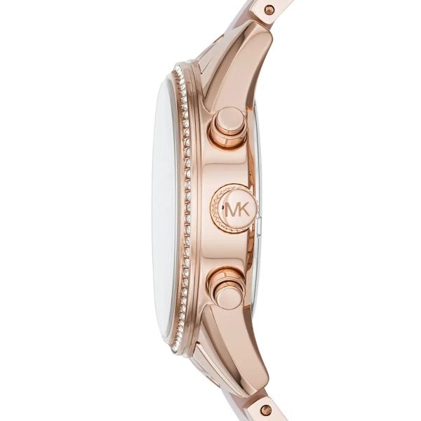 Montre femme Michael Kors 37 mm réf. MK6307, cadran rose, bracelet acier, mouvement quartz – autre angle