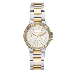 Montre femme Michael Kors Camille 32 mm réf. MK6982, cadran blanc, bracelet acier, mouvement quartz – vue de face | Horlova Maroc