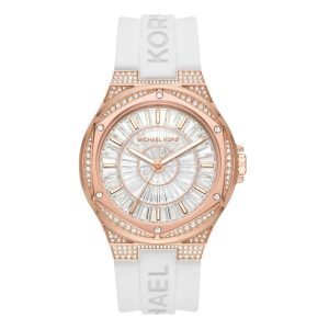 Montre femme Michael Kors Camille 43 mm réf. MK7248, cadran blanc, bracelet silicone, mouvement quartz – vue de face | Horlova Maroc