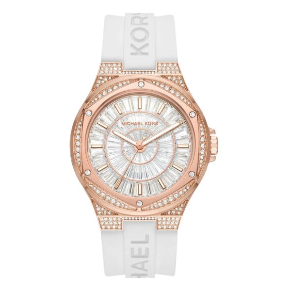 Montre femme Michael Kors Camille 43 mm réf. MK7248, cadran blanc, bracelet silicone, mouvement quartz – vue de face | Horlova Maroc