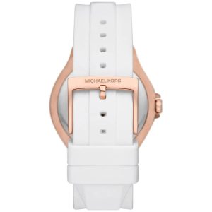 Montre femme Michael Kors Camille 43 mm réf. MK7248, cadran blanc, bracelet silicone – vue de trois-quarts