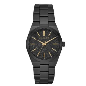 Montre femme Michael Kors Channing 36 mm réf. MK6625, cadran noir, bracelet acier, mouvement quartz – vue de face | Horlova Maroc