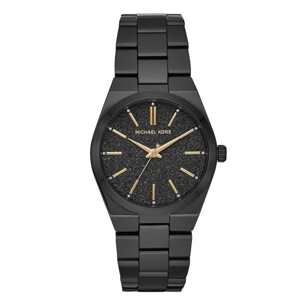 Montre femme Michael Kors Channing 36 mm réf. MK6625, cadran noir, bracelet acier, mouvement quartz – vue de face | Horlova Maroc