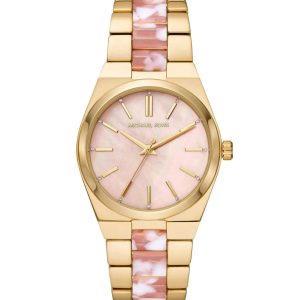 Montre femme Michael Kors Channing 36 mm réf. MK6650, cadran rose, bracelet acier, mouvement quartz – vue de face | Horlova Maroc