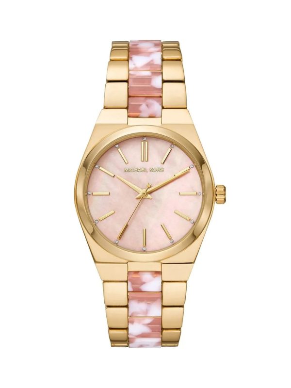 Montre femme Michael Kors Channing 36 mm réf. MK6650, cadran rose, bracelet acier, mouvement quartz – vue de face | Horlova Maroc