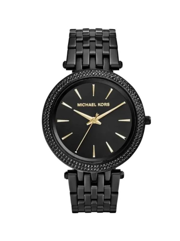Montre femme Michael Kors Darci 39 mm réf. MK3337, cadran noir, bracelet acier, mouvement quartz – vue de face | Horlova Maroc