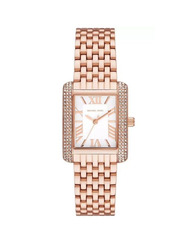 Montre femme Michael Kors Emery 33 mm réf. MK4743, cadran blanc, bracelet acier, mouvement quartz – vue de face | Horlova Maroc