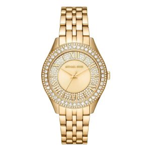 Montre femme Michael Kors Harlowe 38 mm réf. MK4709, cadran doré, bracelet acier, mouvement quartz – vue de face | Horlova Maroc