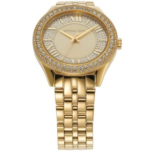 Montre femme Michael Kors Harlowe 38 mm réf. MK4709, cadran doré, bracelet acier – vue de trois-quarts
