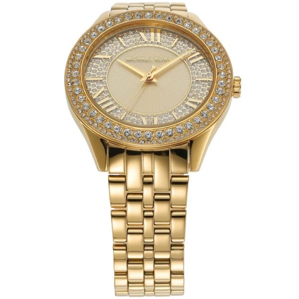 Montre femme Michael Kors Harlowe 38 mm réf. MK4709, cadran doré, bracelet acier – vue de trois-quarts