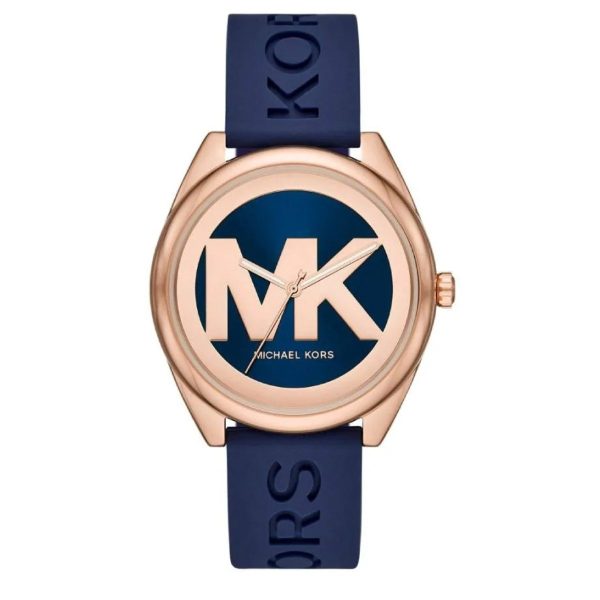 Montre femme Michael Kors Janelle 42 mm réf. MK7140, cadran bleu, bracelet silicone, mouvement quartz – vue de face | Horlova Maroc