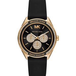Montre femme Michael Kors Jessa 40 mm réf. MK6944, cadran noir, bracelet caoutchouc, mouvement quartz – vue de face | Horlova Maroc